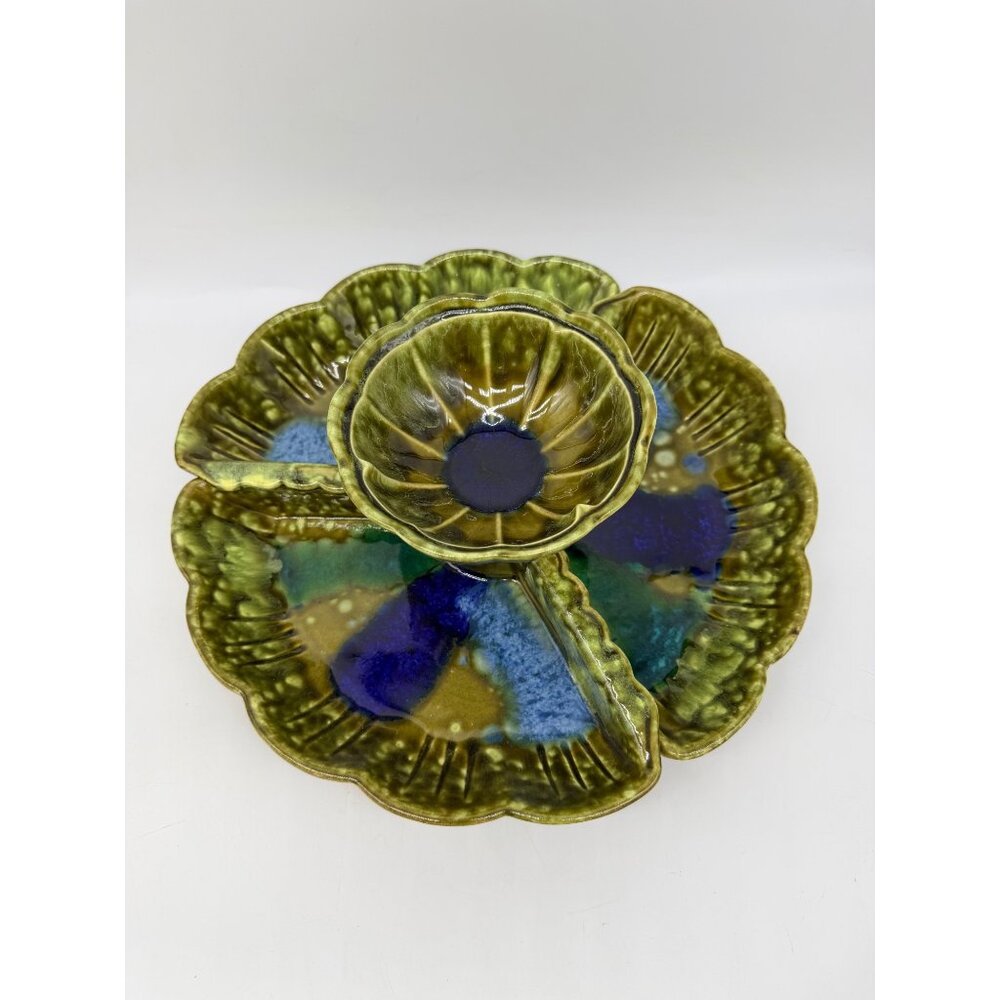 Vintage Divided Ceramic Serving Tray Dip Bowl Green Blue California Pottery EUC